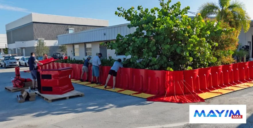 People installing orange and yellow barriers around a large bush outside a building, with several other cars parked nearby.