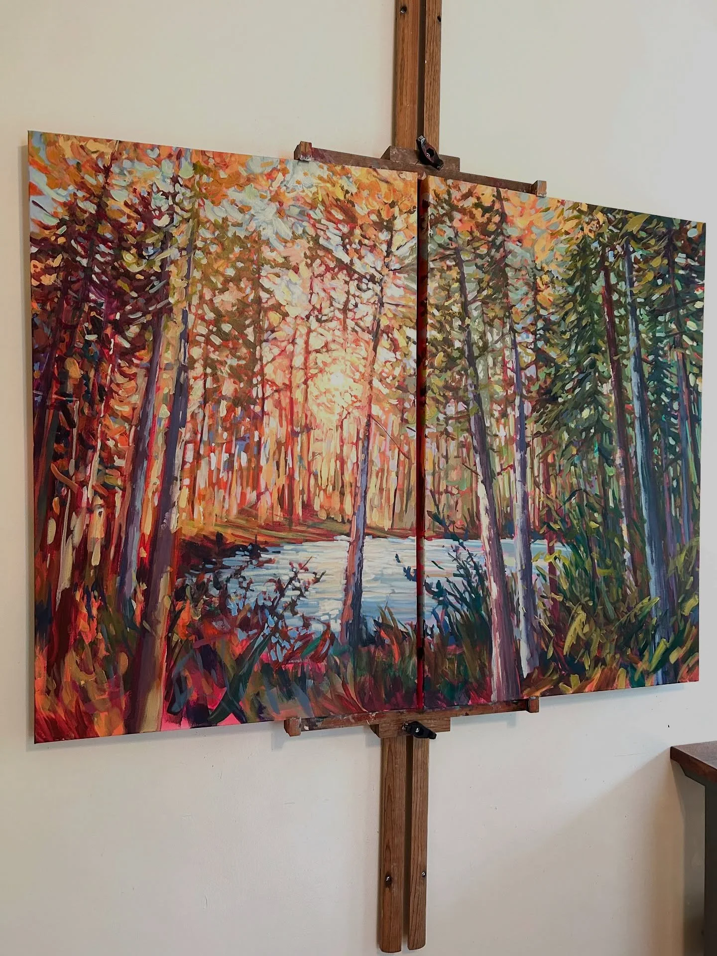 A couple of sneak peeks at the new diptych I&rsquo;m working on! There&rsquo;s still a lot of refining to be done as I work to calm the first layers of bright color. Final piece coming late summer/early fall!