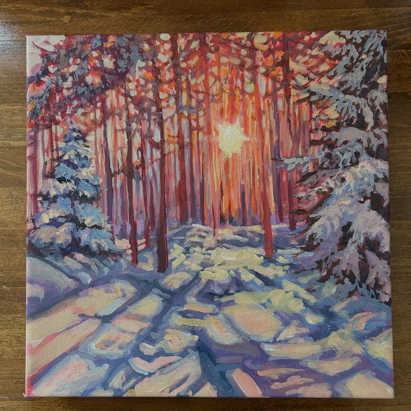 A little sun and snow on a 12&rdquo; x 12&rdquo; canvas for a work-in-progress Wednesday ☀️ This piece will be available on 02.27 as part of the Light &amp; Shadows Collection!