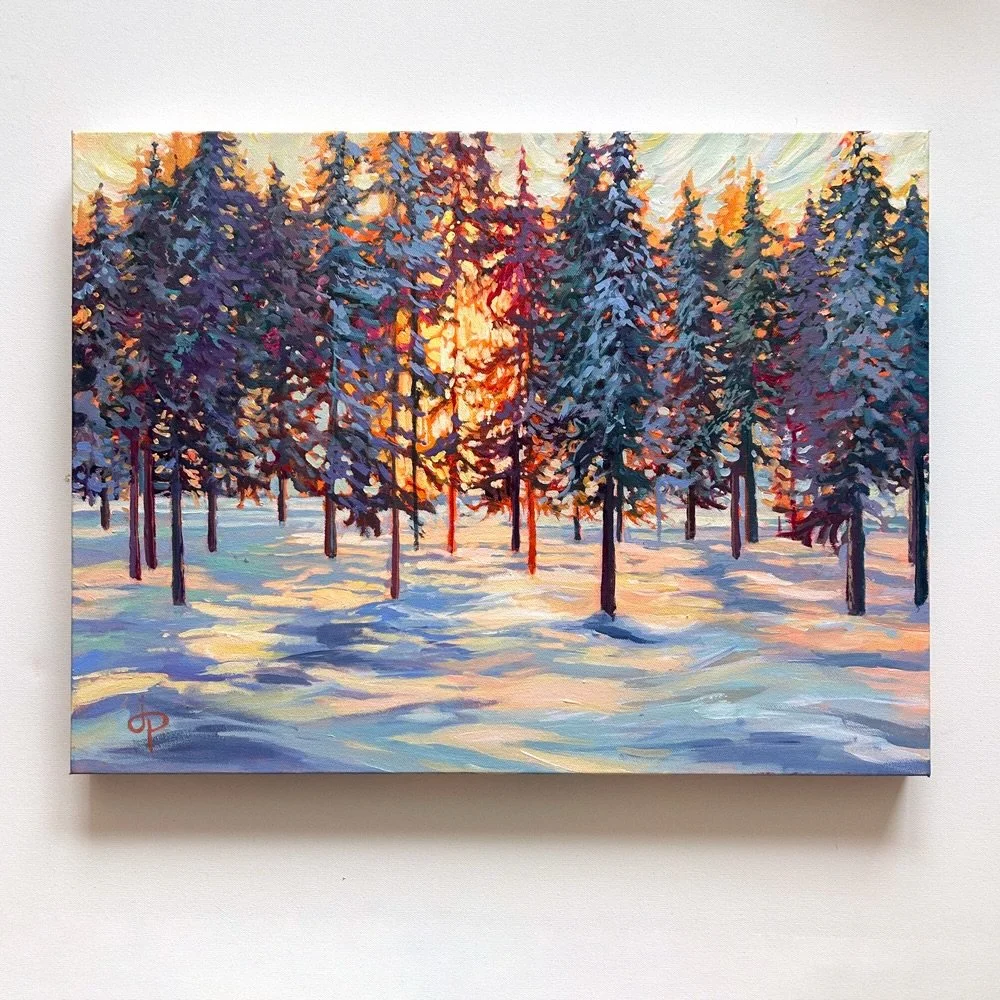 An homage to the beauty of a frosted winter landscape, &ldquo;Aglow&rdquo; reveals rows of towering evergreen trees in deep, rich tones. Each tree is highlighted with soft snow dotting its branches, painted in a palette of denim blue, cranberry red, 