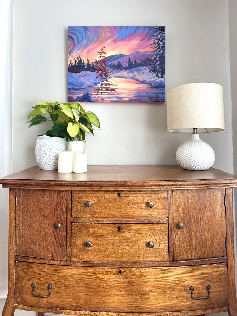 FIRST LIGHT, 24&rdquo; x 18&rdquo; 
This piece is an experiment in light and contrast, as my first exercise in painting a scene at dawn. The snowy hillsides and distant mountains are painted in shadowy, deep blues and purples, with a few brightening 