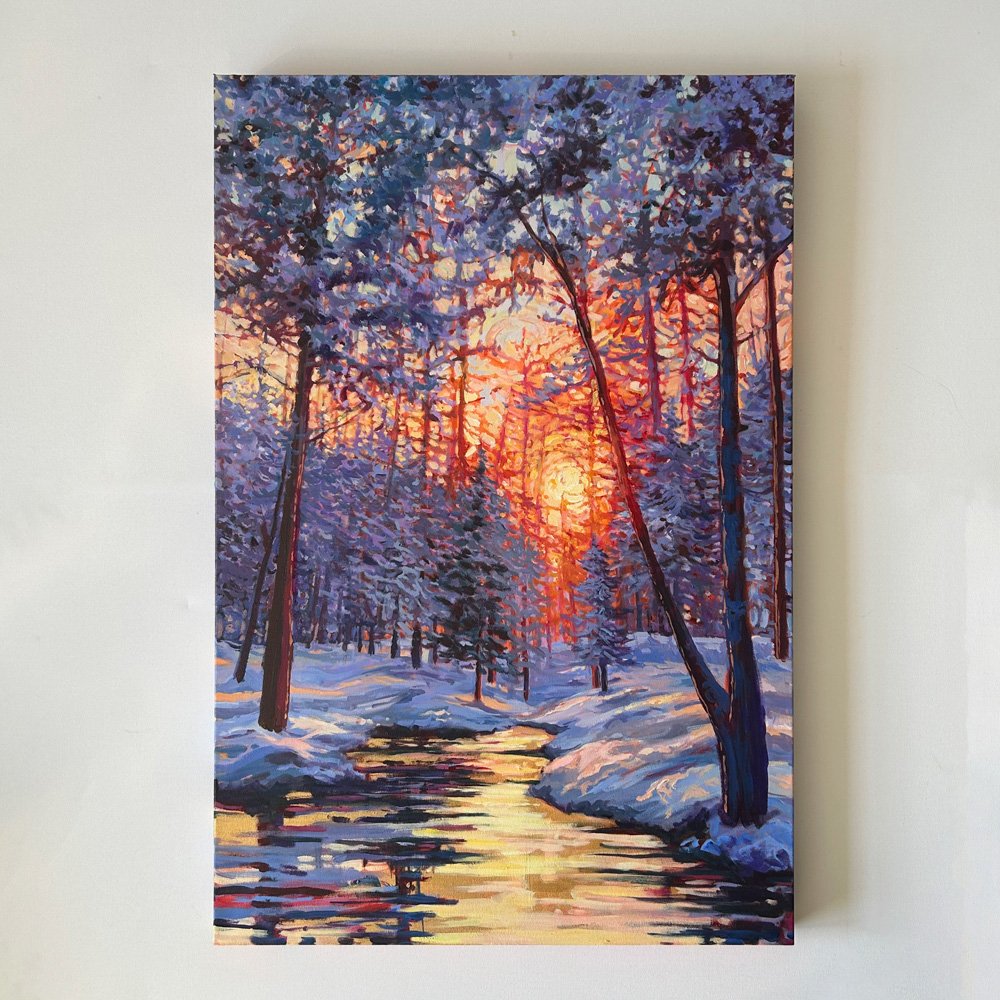 VIGILANT, 24&rdquo; x 36&rdquo; 
 
Begun as a wintry version of &ldquo;Rosy Glow&rdquo; from The Autumn Light Collection, &ldquo;Vigilant&rdquo; was a work in progress throughout January and February as the troubling situation in Minnesota drew atten