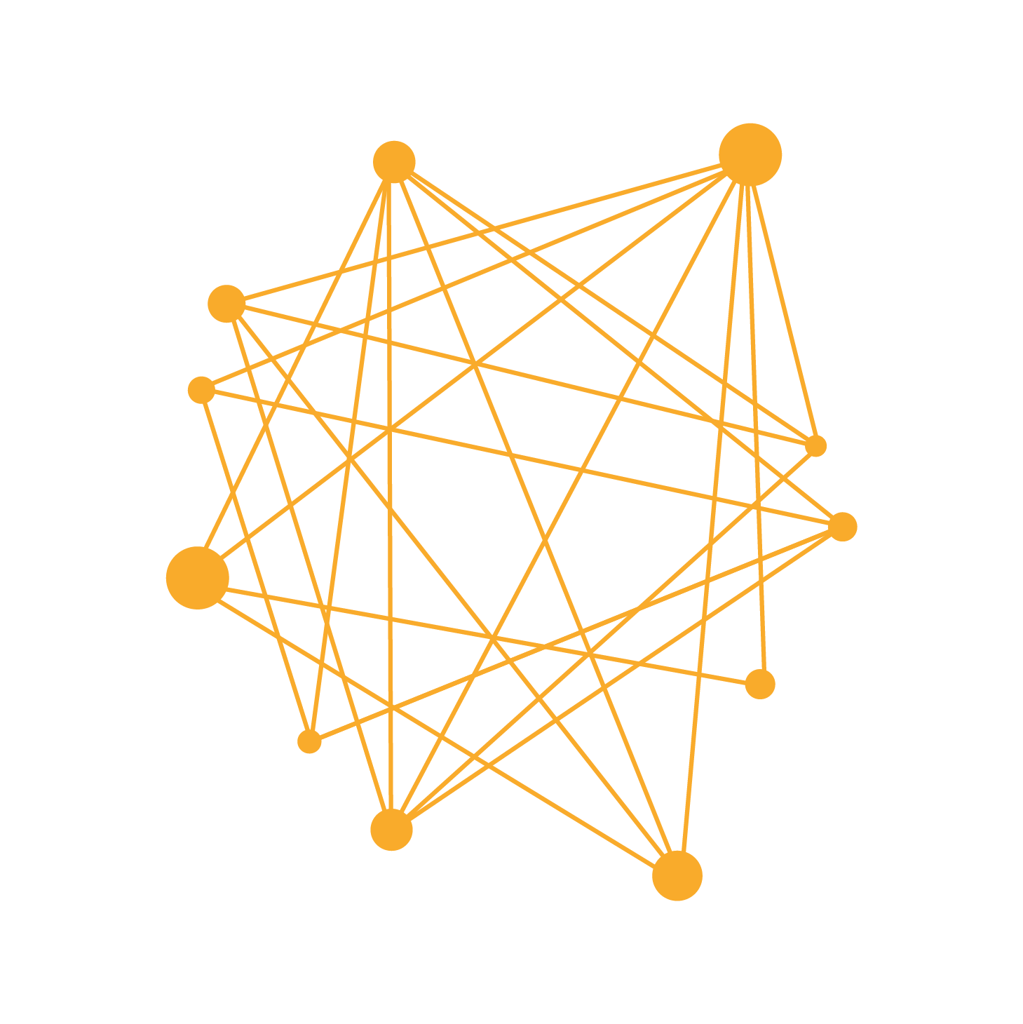 A digital illustration of a neural network diagram with orange nodes and connecting lines randomly arranged on a black background.