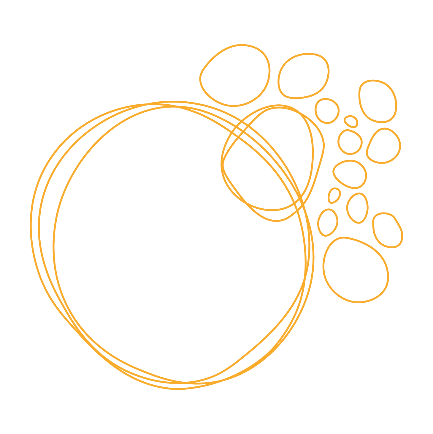 Orange wireframe coffee cup with steam and small circles on a black background