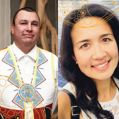 A man in traditional Indigenous clothing and a woman with long dark hair smiling. The man wears a white shirt with colorful embroidered patterns, and the woman has gold circular decorations in her hair.