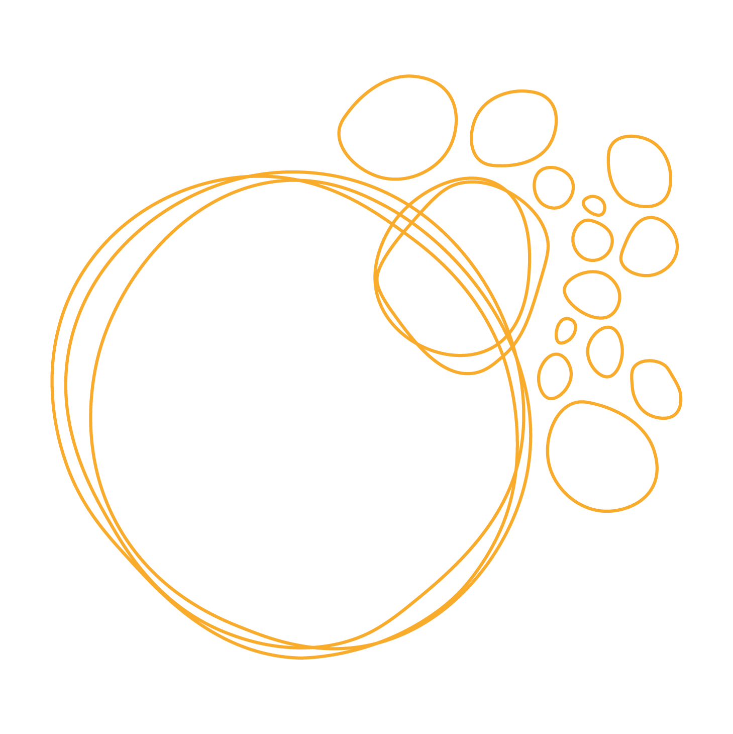 A digital illustration of a coffee cup with a lid, made of orange lines on a black background.