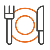 Outline of a fork, spoon, and plate, representing a dining setting