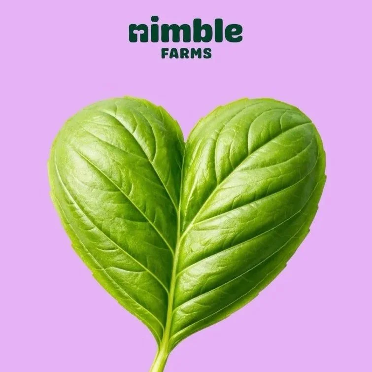 Nimble Farms logo in front of a purple background with a lettuce leaf in the shape of a heart