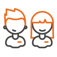 Cartoon illustration of a smiling boy and girl with hands folded.