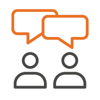 Two speech bubbles above two outlined people icons representing a conversation.