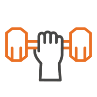 A hand gripping a dumbbell with orange outlines on a white background.