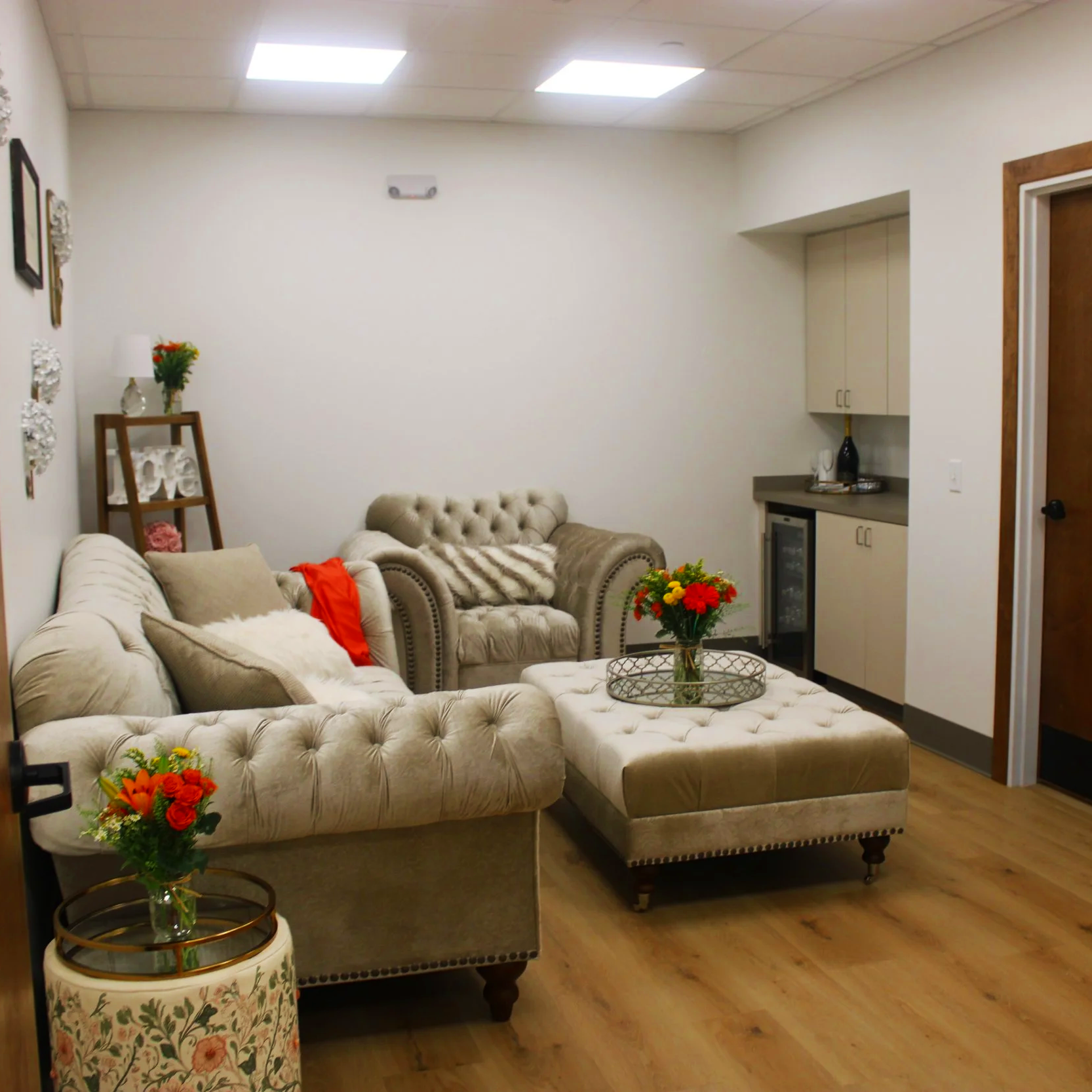 Bridal suite decorated with cream and white furniture and decorations