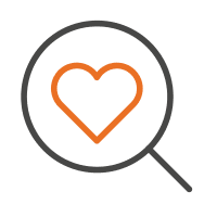 Magnifying glass with a heart inside.