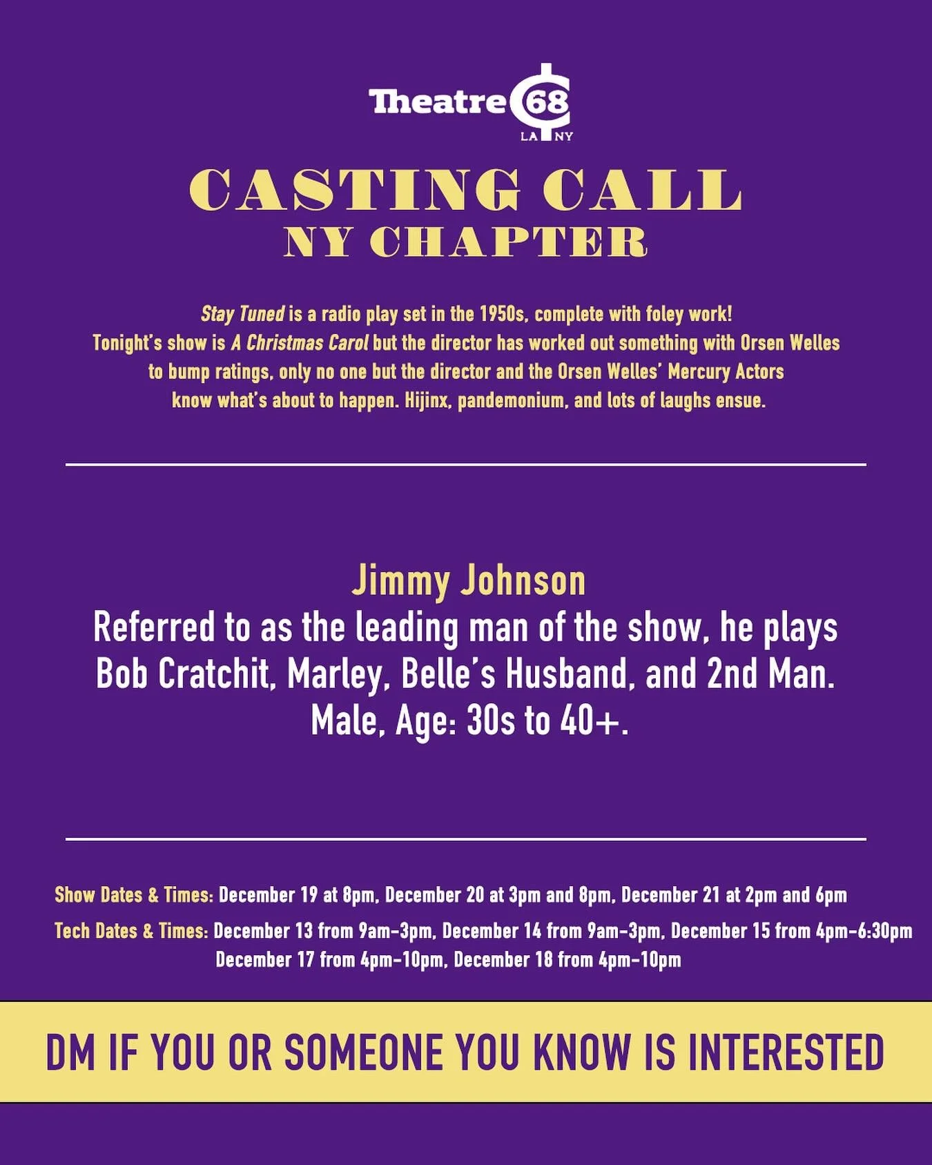 Casting Call for #NewYork !!! 💜

Want to #audition to play the role of &ldquo;Jimmy Johnson&rdquo; in our upcoming production of &ldquo;Stay Tuned&rdquo;? Know someone who would be a fantastic fit for the role? Then you&rsquo;re in luck &mdash; DM U