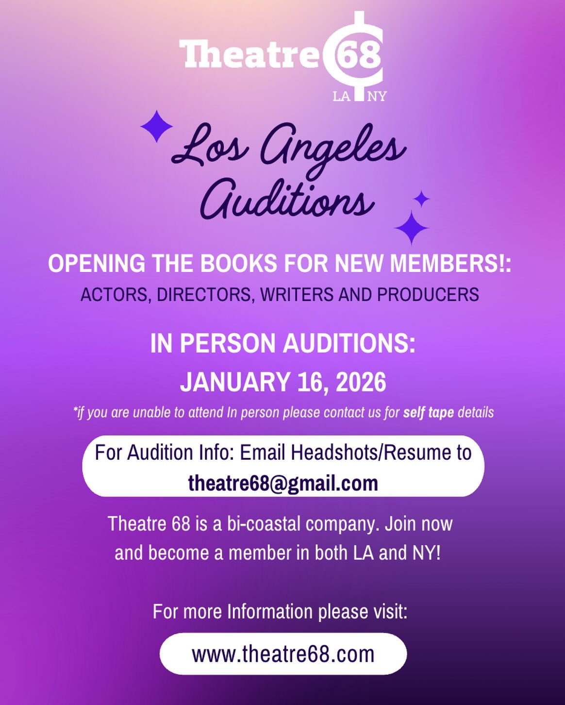 *Los Angeles* We are opening the books for our Los Angeles chapter! We will be holding in person auditions on Friday, January 16! 

Being a member sure does come with perks! You will be grandfathered into membership in NYC, access to three different 