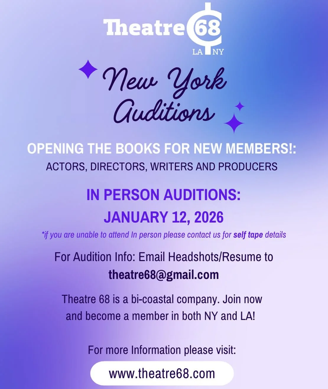 *NEW YORK* We are opening the books for our New York chapter! We will be holding in person auditions on Monday, January 12! 

Being a member sure does come with perks! You will be grandfathered into membership in LA, free access to a large rehearsal 