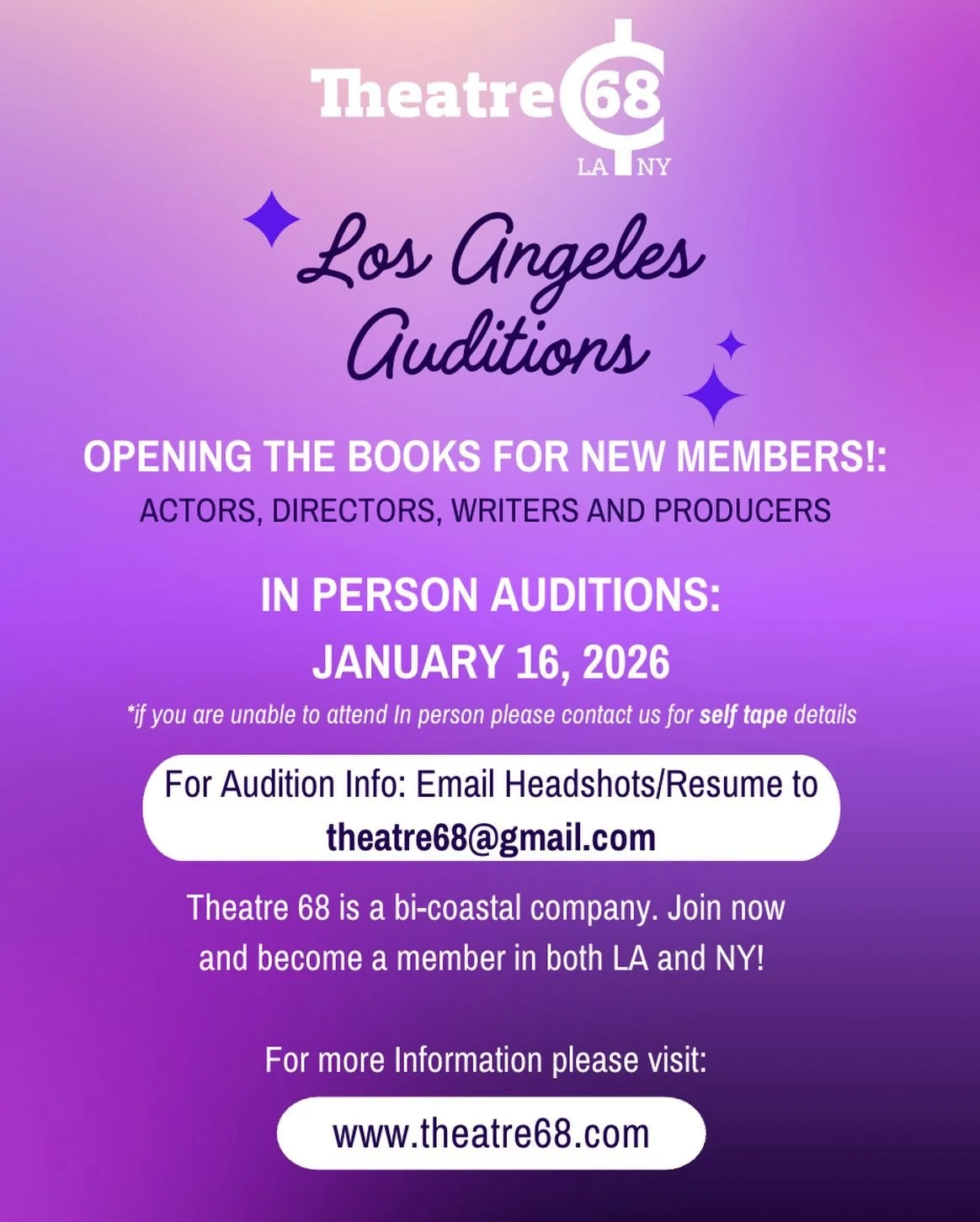*Los Angeles* We are opening the books for our Los Angeles chapter! We will be holding in person auditions on Friday, January 16! 

Being a member sure does come with perks! You will be grandfathered into membership in NYC, access to three different 