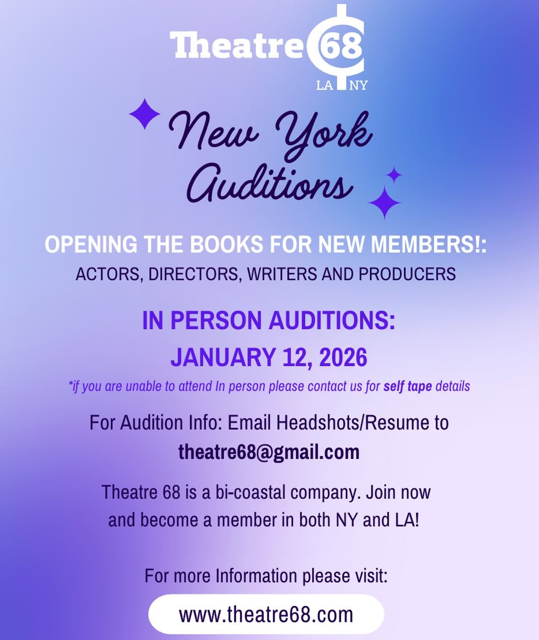 *NEW YORK* We are opening the books for our New York chapter! We will be holding in person auditions on Monday, January 12! 

Being a member sure does come with perks! You will be grandfathered into membership in LA, free access to a large rehearsal 