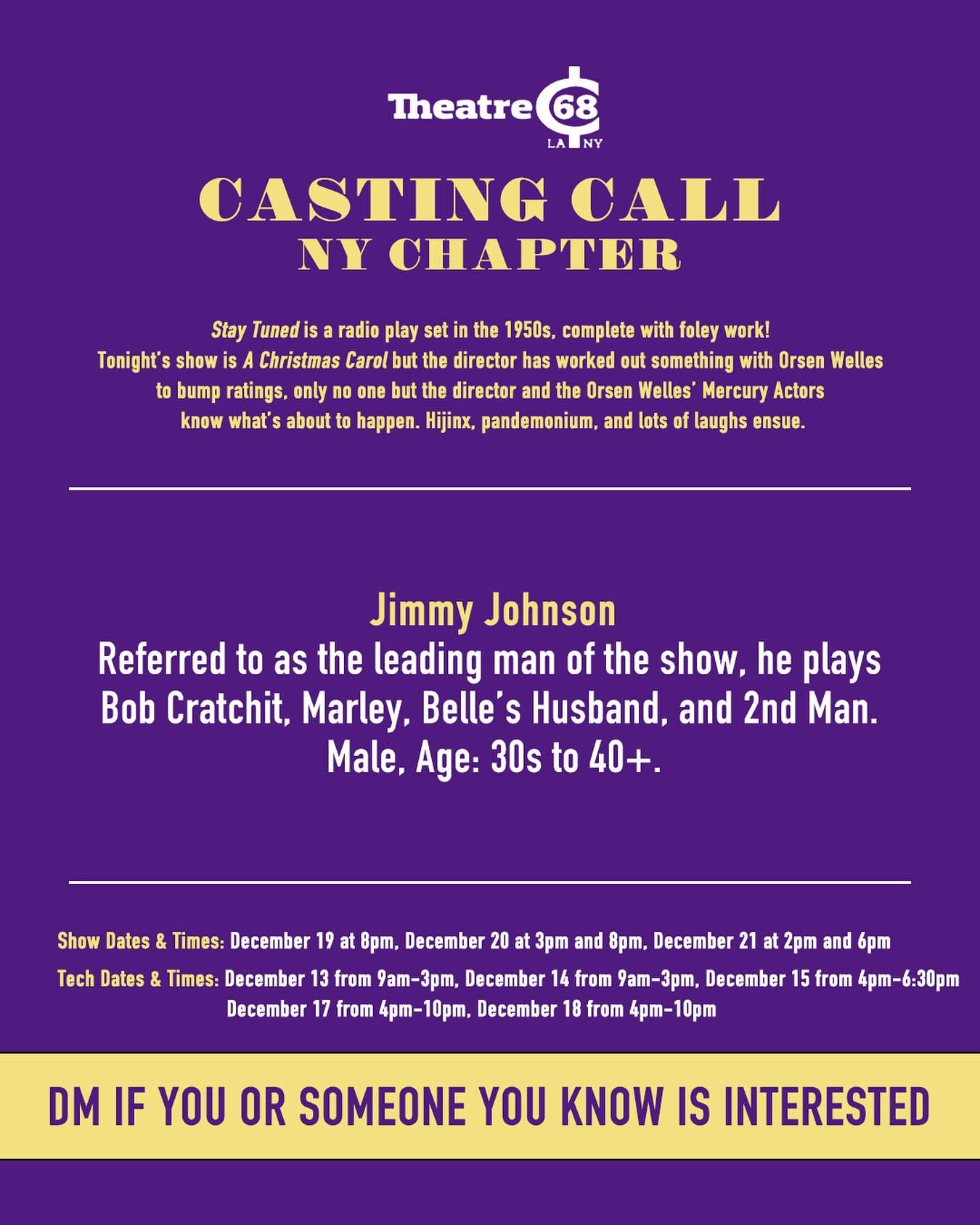 Casting Call for #NewYork !!! 💜

Want to #audition to play the role of &ldquo;Jimmy Johnson&rdquo; in our upcoming production of &ldquo;Stay Tuned&rdquo;? Know someone who would be a fantastic fit for the role? Then you&rsquo;re in luck &mdash; DM U