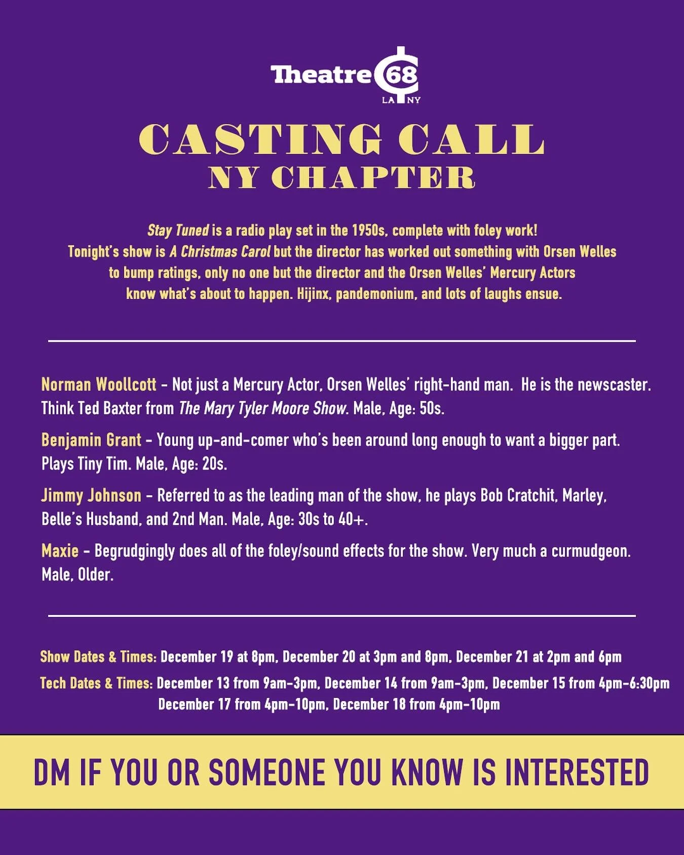 Casting Call for #NewYork !!! 💜

We have four open roles to #audition for in our upcoming production of &ldquo;Stay Tuned&rdquo; written by @rpjames and directed by @renee_hewitt_ . ✨DM us by Monday night at 7pm EST for more info on audition info! ✨