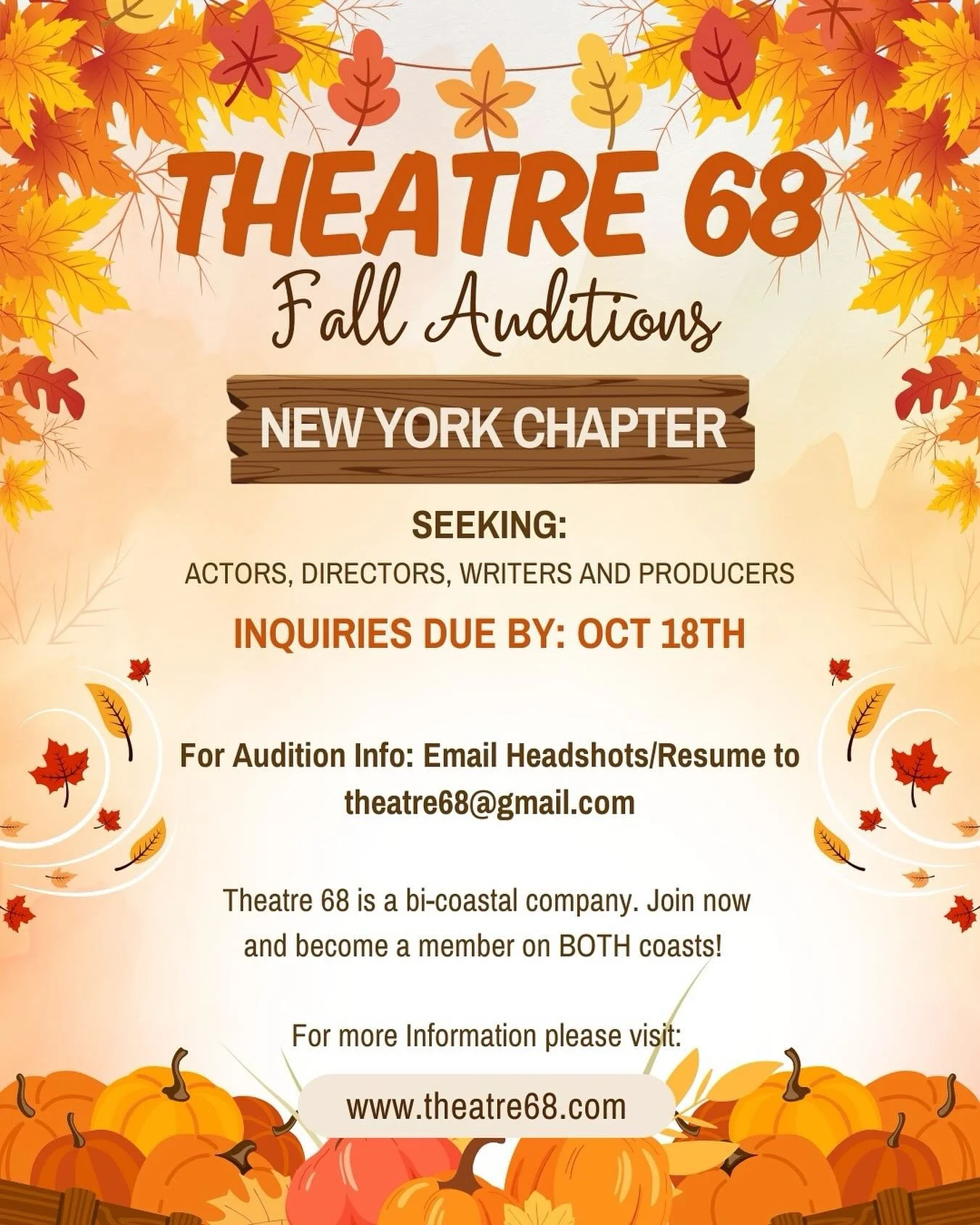 We are opening up the books in New York for VIRTUAL FALL AUDITIONS! Please send headshots and resumes to theatre68@gmail.com for audition info! We are accepting inquiries through Oct 18th!