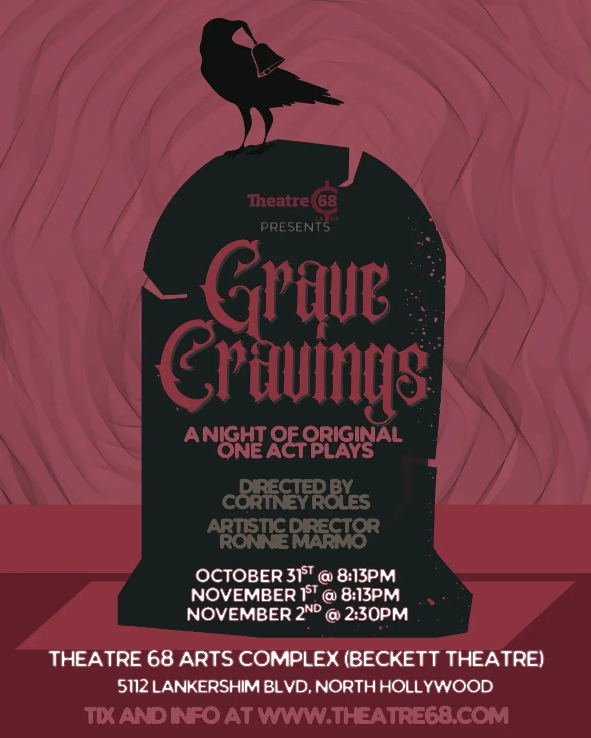 Theatre 68 Presents: Grave Carvings - A Night of Original One Act Plays!

Get your tickets now to enjoy our anthology of horror - ticket link in our bio! 

Enjoy the humor, horror and hunger of the night 🔪 🔔 🩸