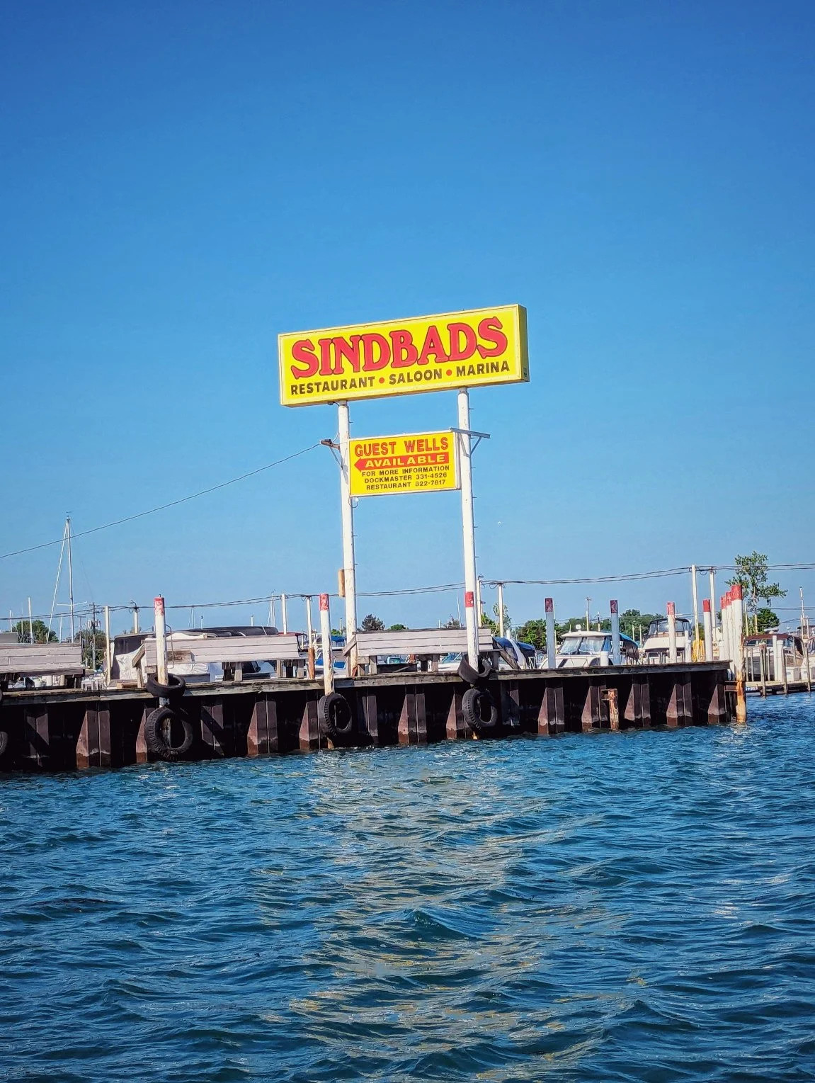  View from the water of Sindbad's Restaurant and Marina, a key pickup location for Reel Fish'n walleye fishing charters on the Detroit River. 