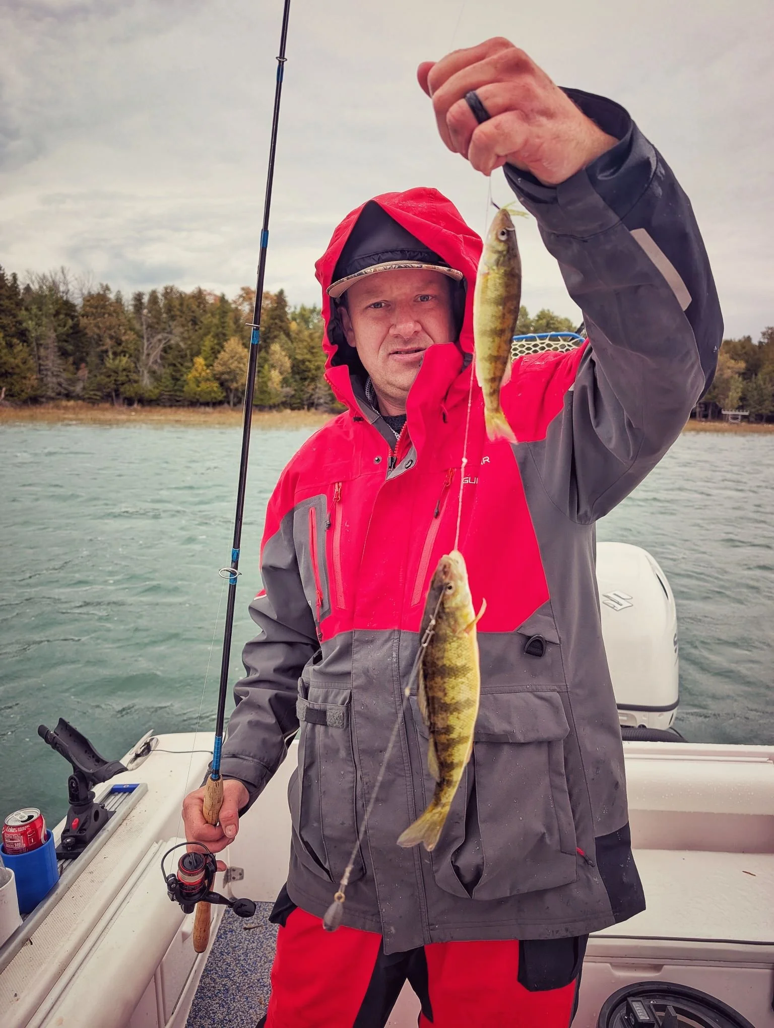  An angler holding up a nice yellow perch during a fall morning on Drummond Island with Reel Fish'n, launching from Drummond Island Yacht Haven. 