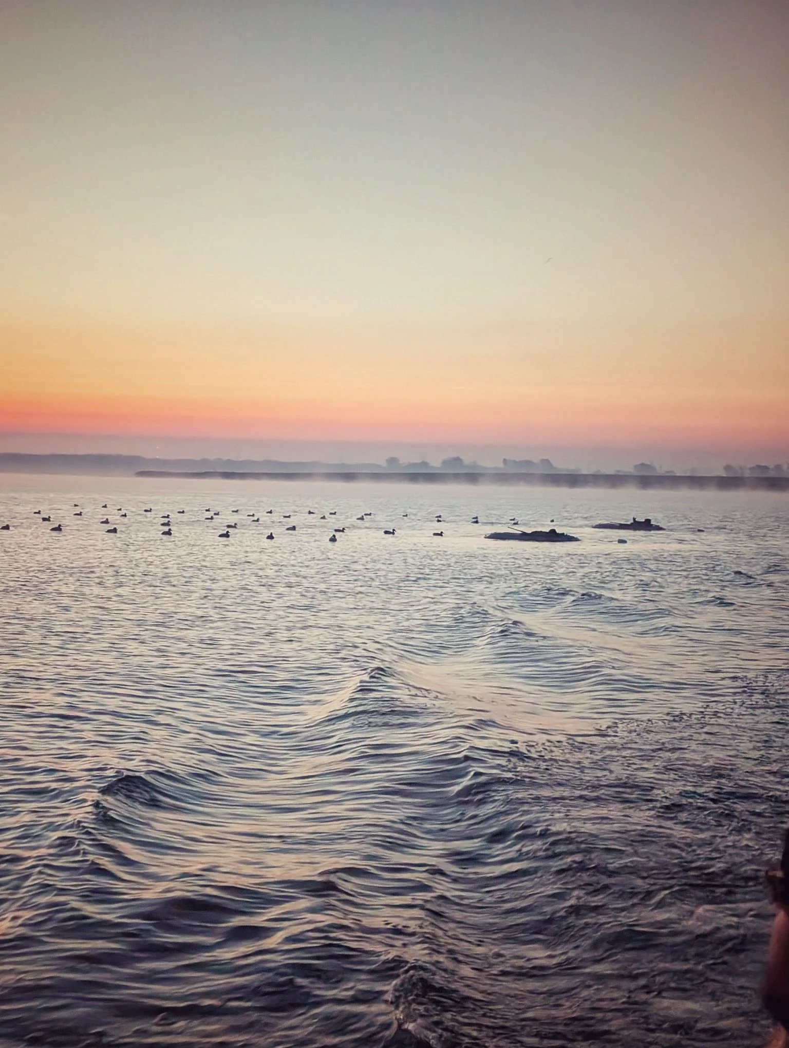  A massive spread of diver duck decoys on longlines set for an early morning layout boat hunt on the open waters of Saginaw Bay and Lake Huron.   