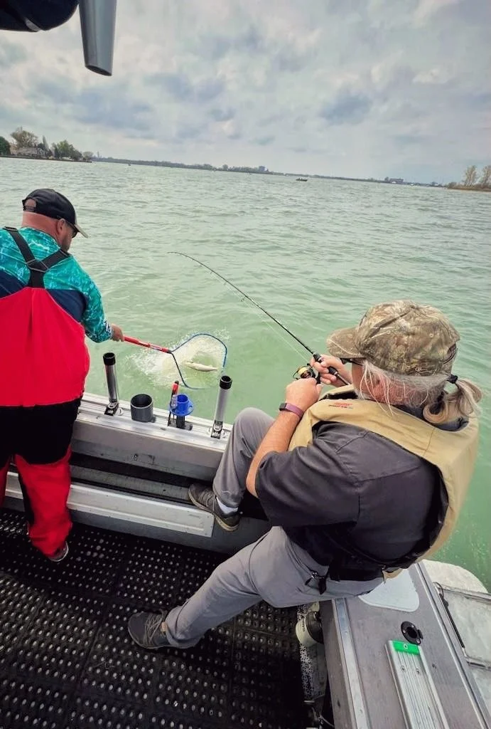  An angler fighting a fish with a bent rod while a Reel Fish'n guide prepares the net on the Detroit River during a spring walleye charter. 