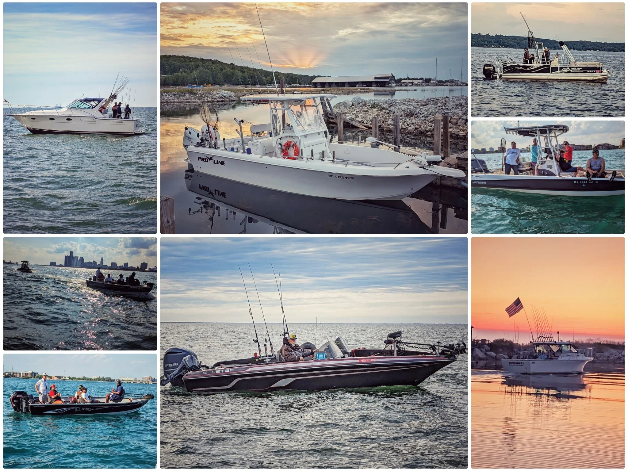 A collage showing various Reel Fish’n charter boats on the water, including the white Proline and black Skeeter, demonstrating multi-boat fleet coordination for large groups.