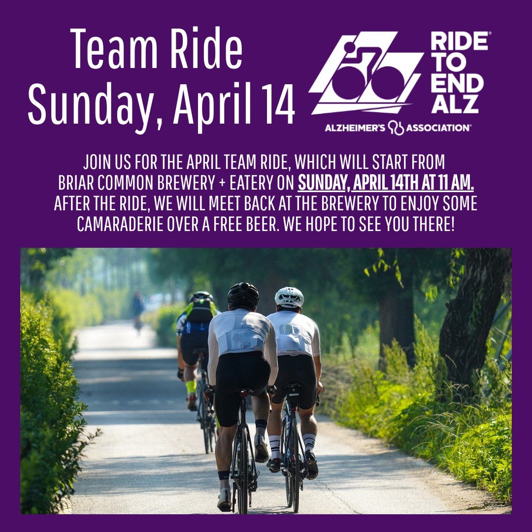 Join us for the April Team Ride starting from Briar Common Brewery on Sunday, April 14th at 11 am. 

Cyclists of all paces are welcome to join. 

After the ride, let's meet back at the brewery and enjoy some camaraderie over free beer. 

Hope to see 