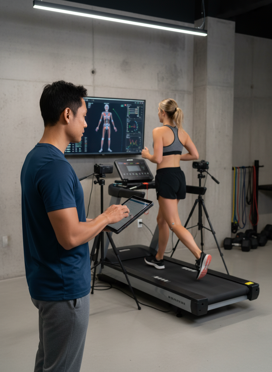 Runner undergoing biomechanical gait analysis at a Los Angeles physical therapy clinic specializing in performance optimization