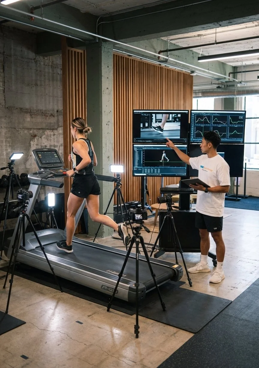 Patient undergoing running gait analysis at a sports physical therapy clinic in Los Angeles