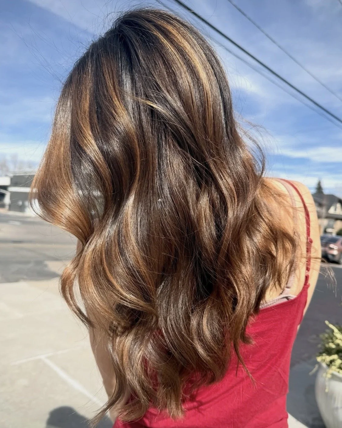Natural brown hair with honey highlights and a shiny finish, color by Berenices