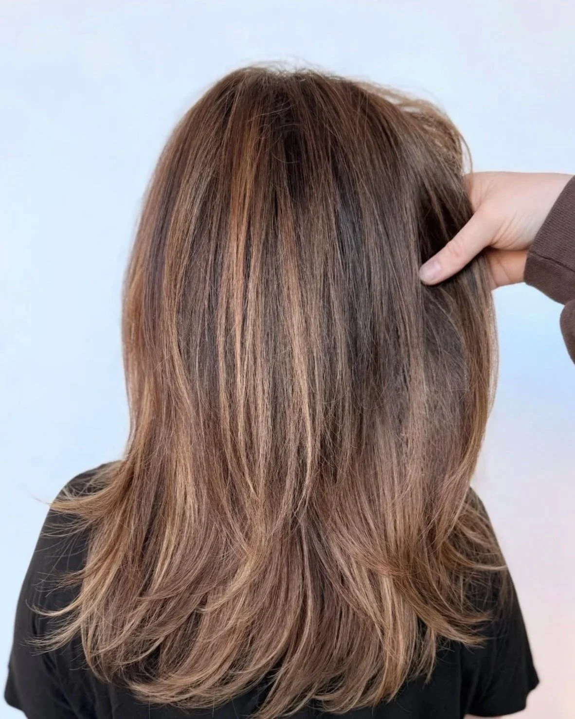 Long layered light brown hair with subtle highlights and an Aveda gloss