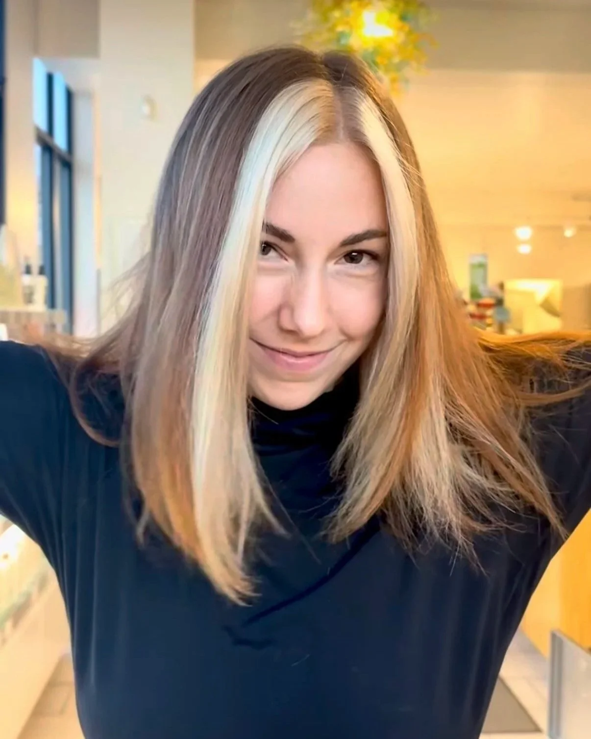 Creative color block with bright blonde money piece highlights, Denver