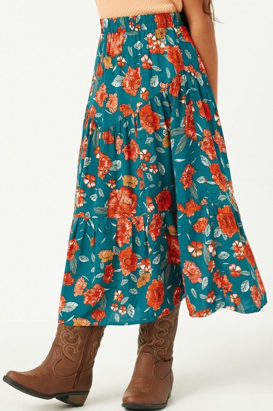 Girls Floral Elastic Waist Midi Skirt