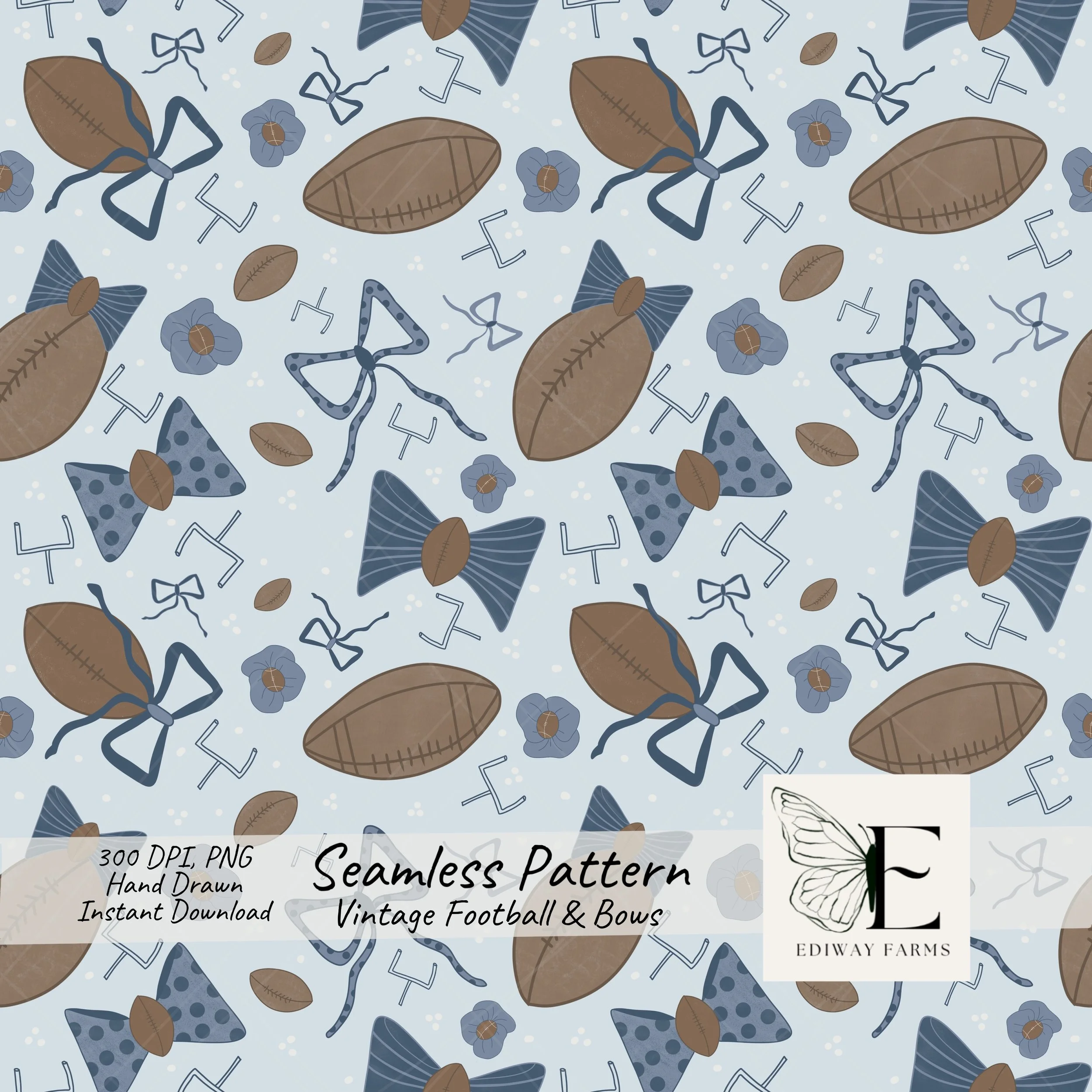 Vintage Football Bows Seamless Pattern: Autumn Floral PNG (Digital Download)
