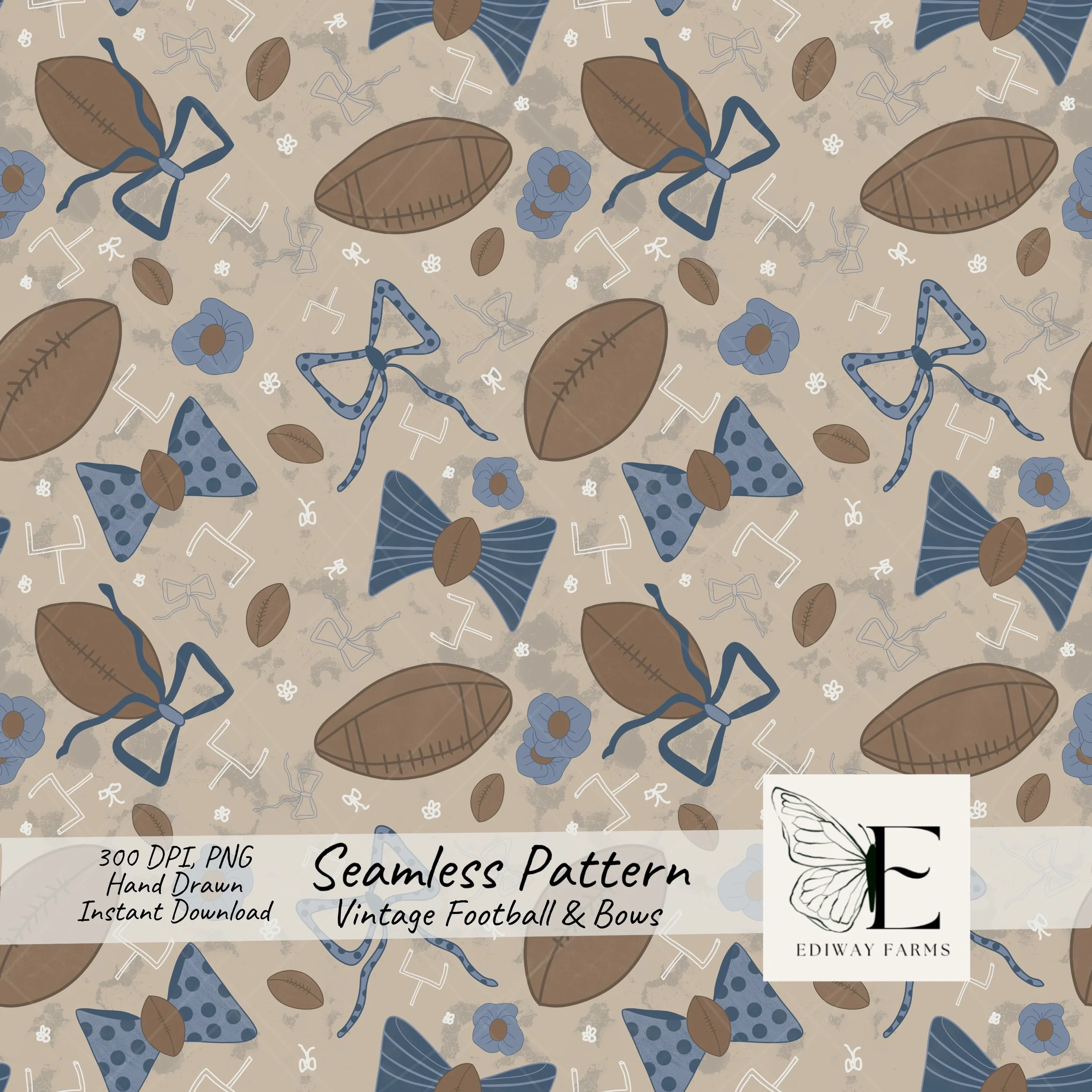 Vintage Football Bows Seamless Pattern: Autumn Floral PNG (Digital Download)