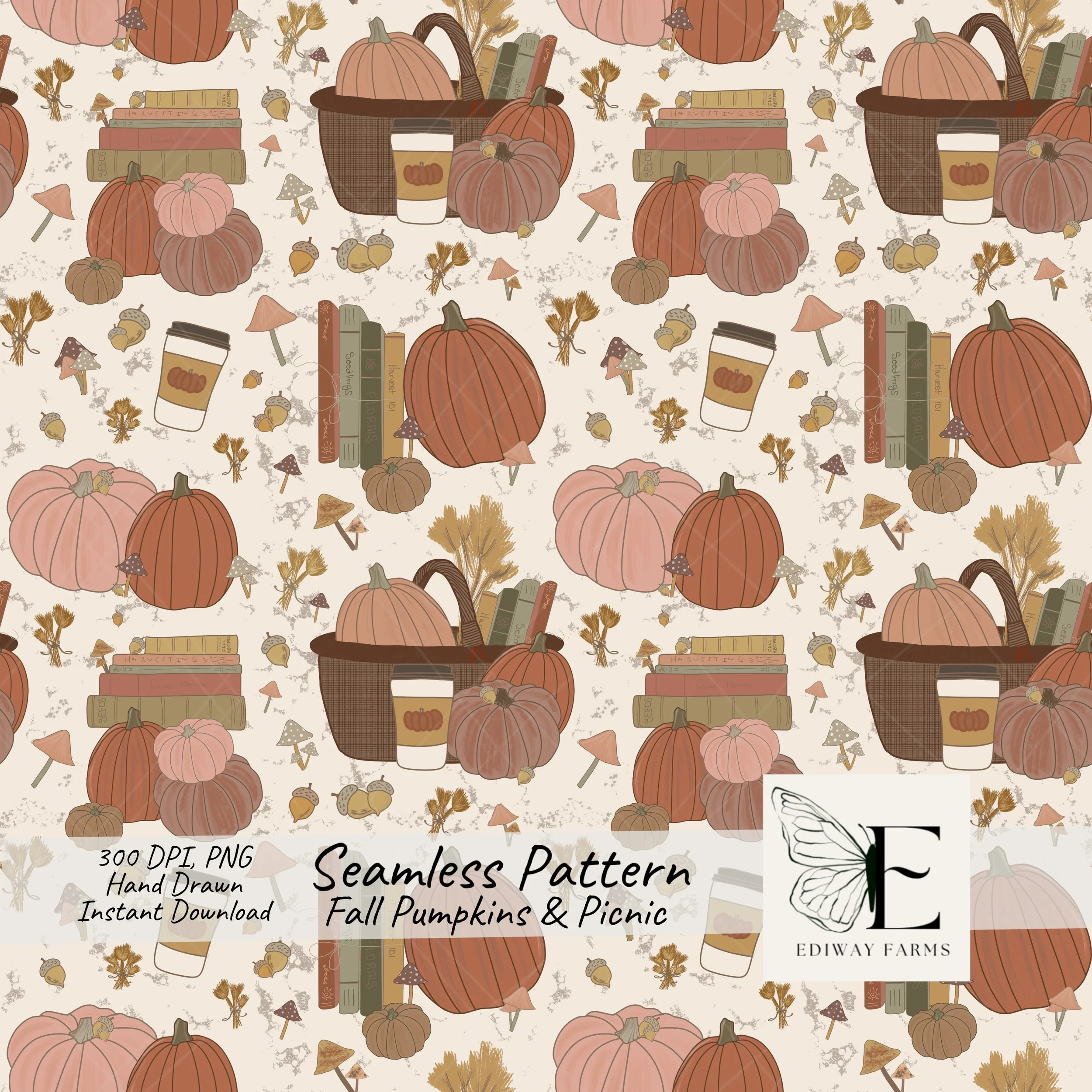 Fall Pumpkin Picnic Seamless Pattern: Cottagecore Fabric Design (PNG Digital Download)