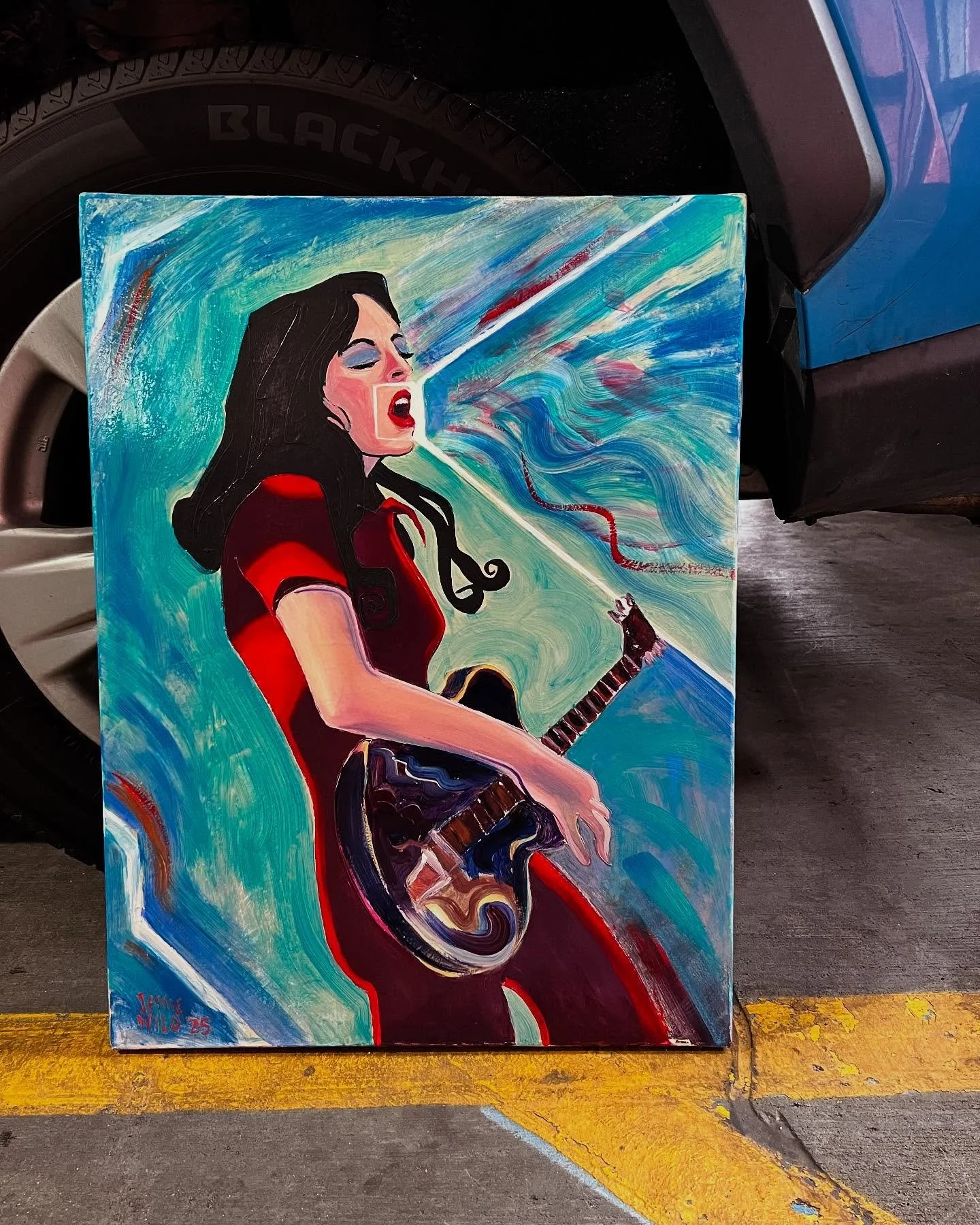 Painted live at Treefort Music Fest 🎸started this gorgeous painting at #treefort last year watching VIKA, and completed on the street just now in the rain while VIKA played live at #treefort2025 ❤️🎸😁