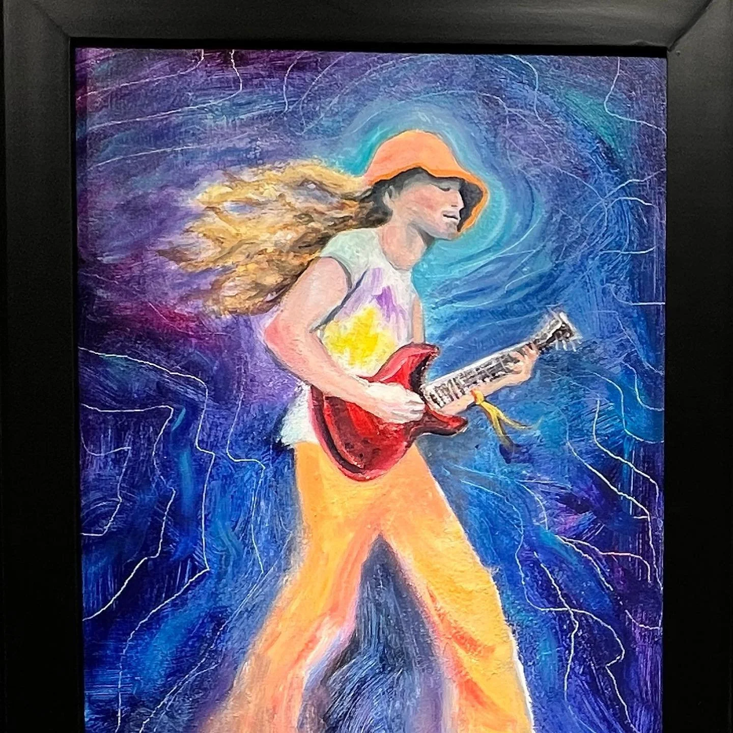 Saw this happy dude at @treefortfest last summer and painted him right there on the street. 

#music #inthezone #guitar #guitarist #band #boise #treefort #musicislife #orange #creative #colorful #street #pleinair #acrylicpainting