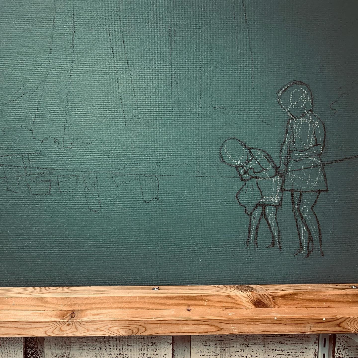 New artwork in process, to honor my little sister. She would have turned 50 today. 
.
.
.
#rip #sisters #loveyou #playingkids #clothesline #memorial #drawing #painting #boise #artist #charcoal #figuredrawing #children #innocence #laundryday #missyou