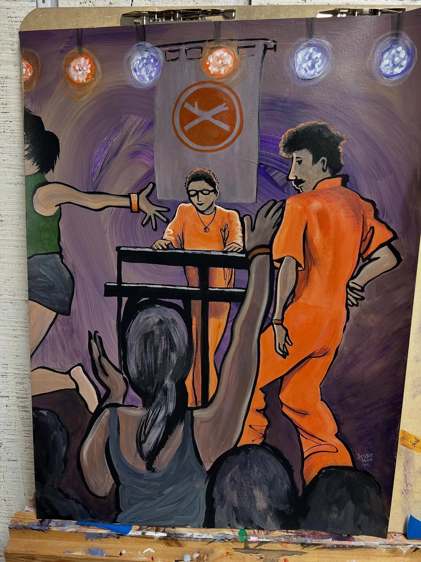 Super excited about this piece. I call it The Hero. Look at him go!! (Yes, the little guy in back who&rsquo;s making everyone dance!) come to my art show tomorrow 5-8pm and see it in person! 
Acrylic on gessoed paper, 18x24&rdquo; 
#treefortmusicfest