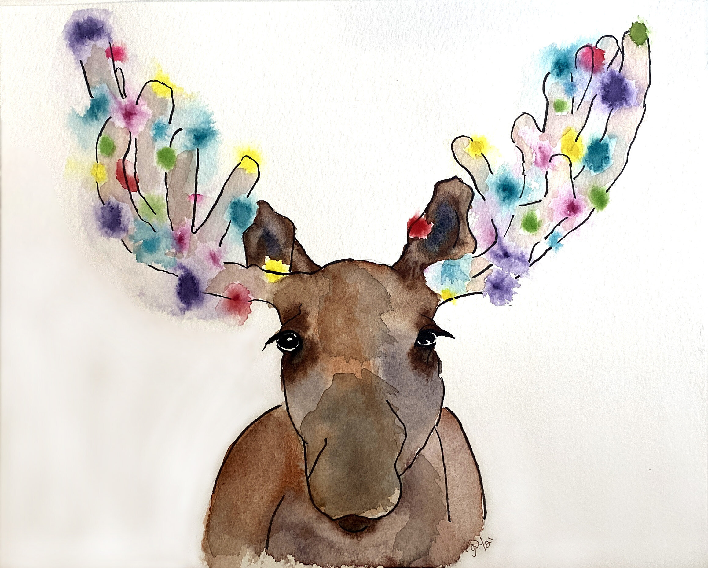 "Moose with Christmas Lights" Watercolours and Ink (unframed) 9" x 12"
Retail: $80
Opening Bid; $40