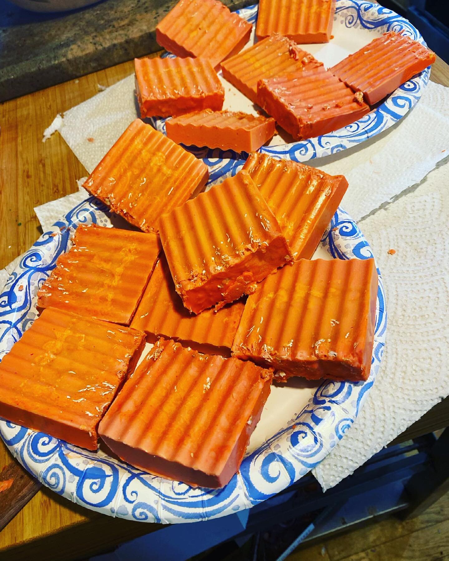 Coral is a fresh summer color!  This bar is coral and oatmeal, a favorite pairing!  #coralsoap #summerfresh