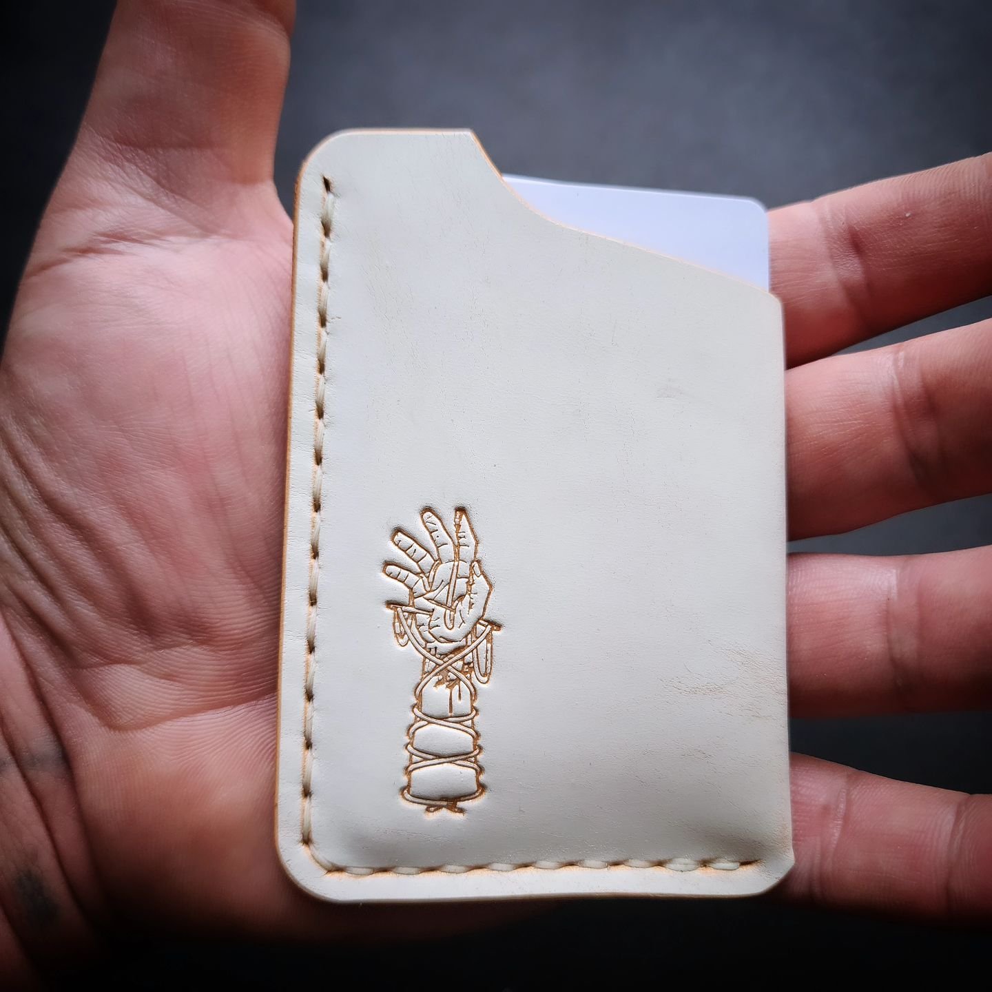 Special 107 Card Slip drops tonight at 7pm CST in Ghost Leather (White Wax over Natural VegTan). Wax wears off with use revealing the Natural VegTan Leather underneath which will start to patina and age beautifully. Handmade &amp; Handstitched in Tex