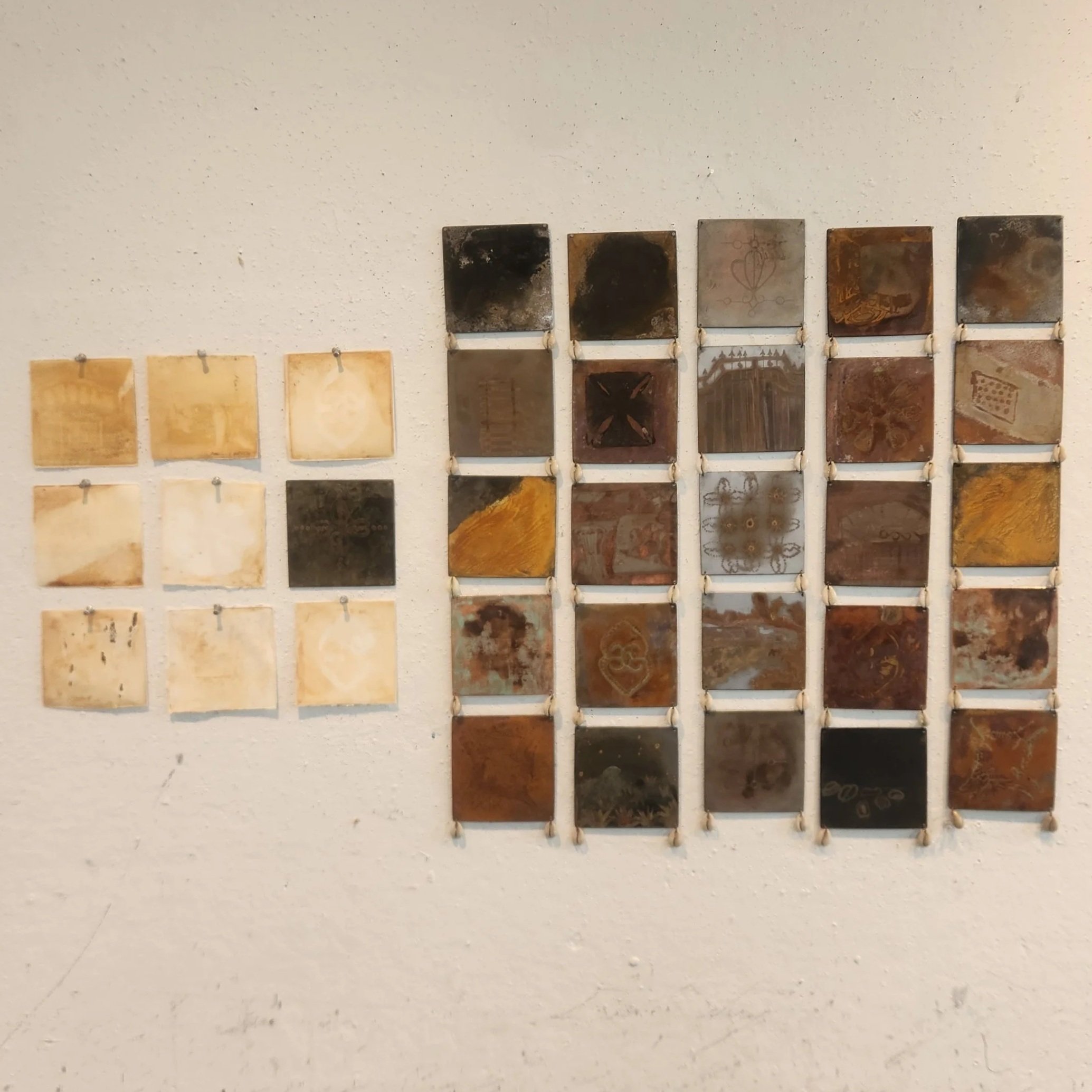 Rustings. 2026. Rust lifts on paper. Acid paintings on mild steel. Vinegar. Salt. Copper patina. Ferric Chloride Acid.