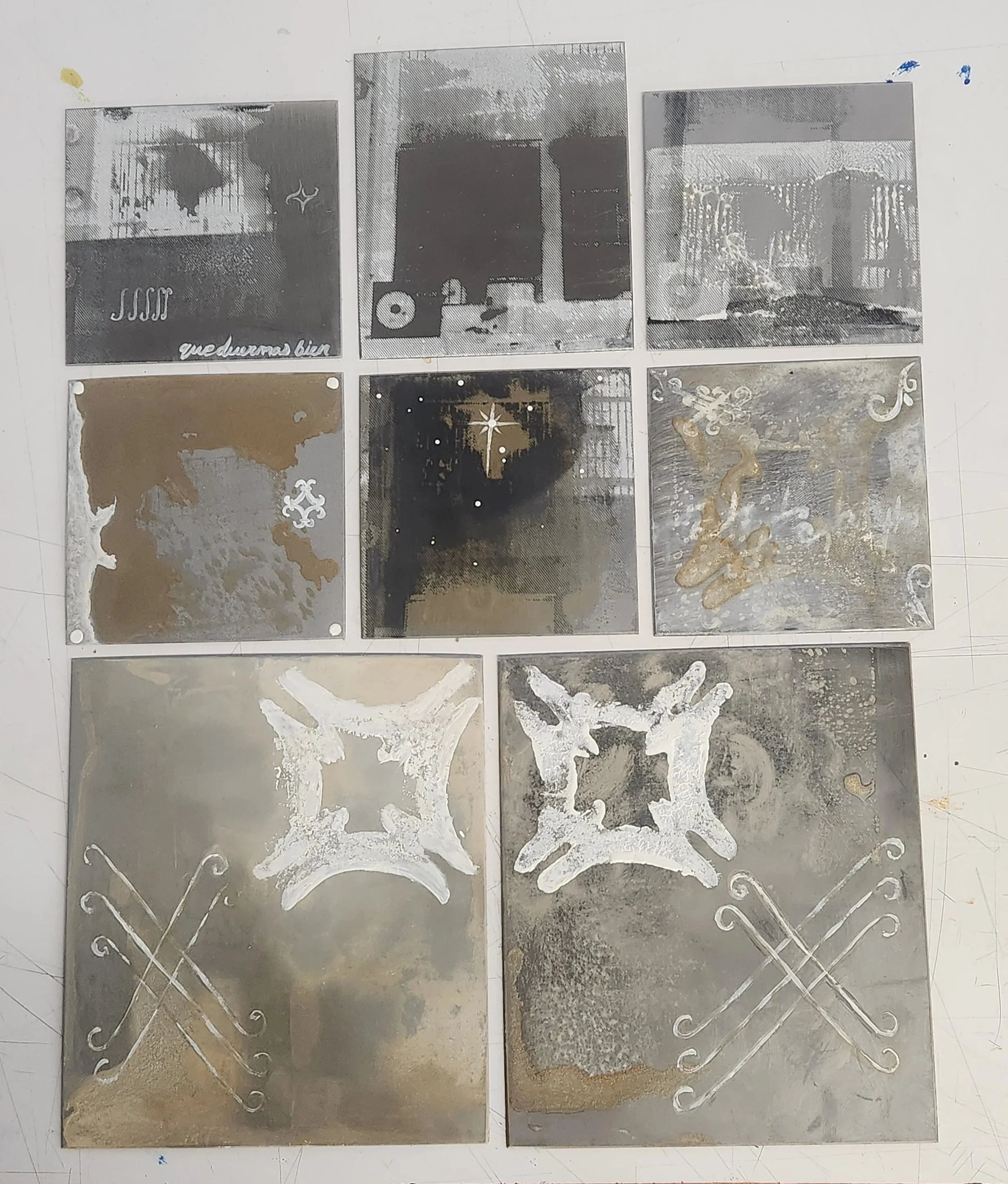 Silkscreen on rusted metal. 2025. Silkscreen ink. Mild Steel. Hydrogen peroxide. 
